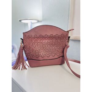 Blush Pink Laser Cut Crossbody Bag Boho Festival Tassel Purse